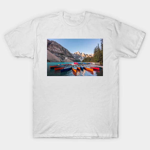 Banff Boat Dock T-Shirt by jswolfphoto